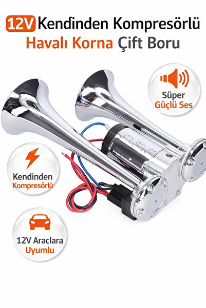 carlone Havalı Korna 2 Borulu Krom Gövde Kendinden Kompresörlü 12v Roleli Tak...