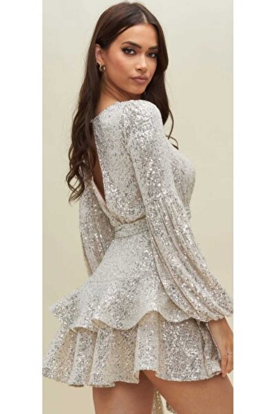 Hanife Glam Couture Hanife Glam uzun kollu Kuşaklı mini etekli prenses elbise