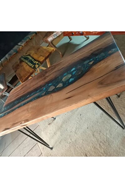 Home Ceviz epoksi taş görselli ahşap orta sehpa