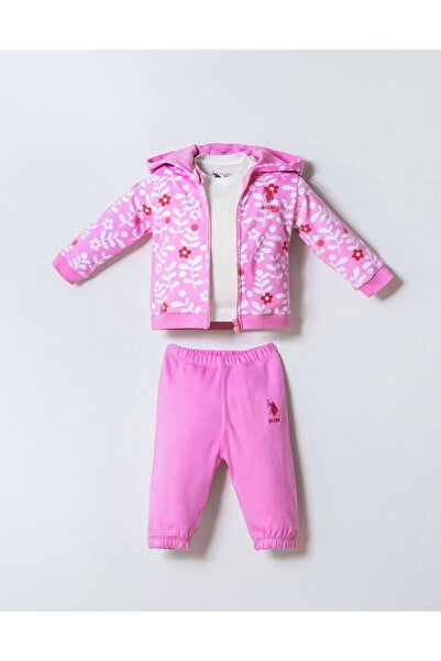 Uspa Baby Girl & Kids Patterned Combed Cotton Cardigan Pants T-Shirt 3-Piece Set