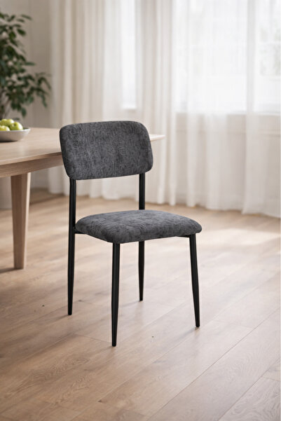 MARIA HOMES Dark Grey Upholstered Dining Chair with Black Metal Legs Modern D...