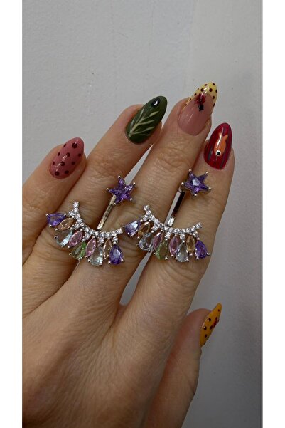 SHELA Özel Seri Zirkon Taşlı Mor Pembe Tasarım Silver Küpe 1692