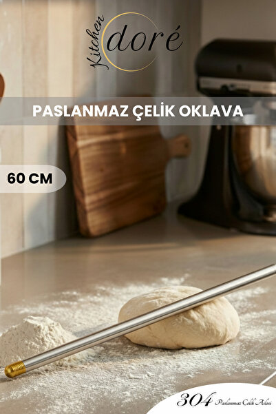 KitchenDORE 60 cm Altın Tasarım Paslanmaz Çelik Oklava 304 Çelik İnce Hamur A...