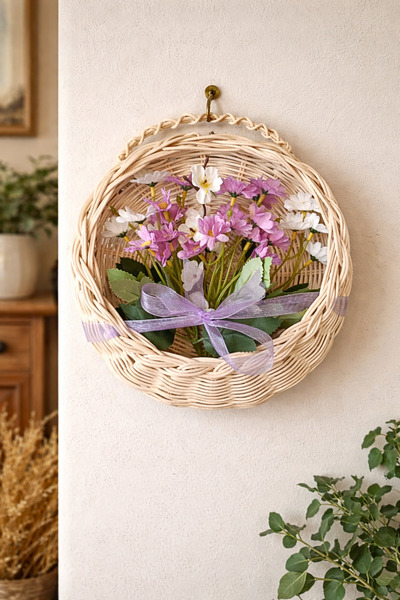 MaviMarinUrla El Yapımı Rattan Bambu Çiçekli Duvar Sepeti, Dekoratif Hasır Se...