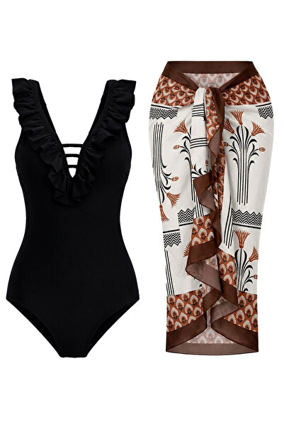 CUPSEA Slimming Effect Frilly Front Black Swimsuit Authentic D Patterned Pare...