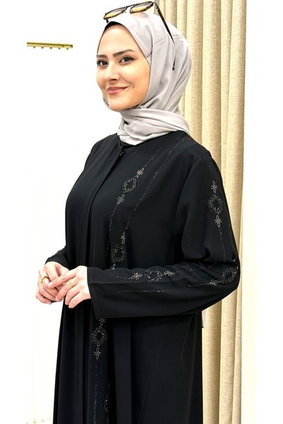 ESRANUR Yandan Stone-Embellished Hidden Zipper Abaya Tesettür Ferace