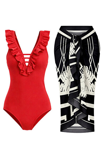 CUPSEA Slimming Effect Red Swimsuit with Ruffles on the Front E Ethnic Patter...