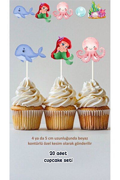 Sinek Kupası Tasarım Deniz Kızı Ariel Konsept Kürdanlı Cupcake Süsü Doğum Gün...