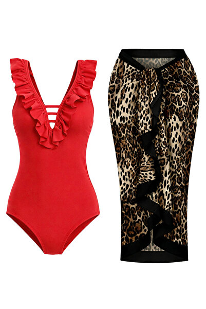 CUPSEA Slimming Effect Red Swimsuit with Ruffles on the Front Pareo Set of 2