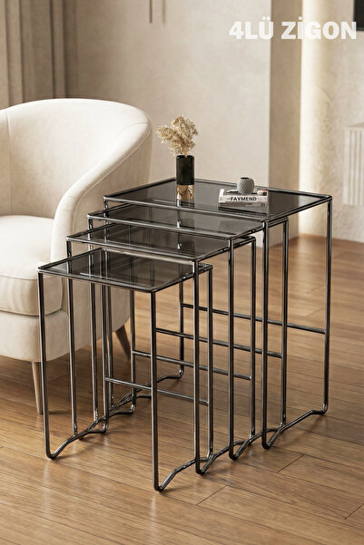 FAYMEND ENZA 4 lü Zigon Sehpa, 'Krom Kaplama' Metal Sehpa, Cam Sehpa