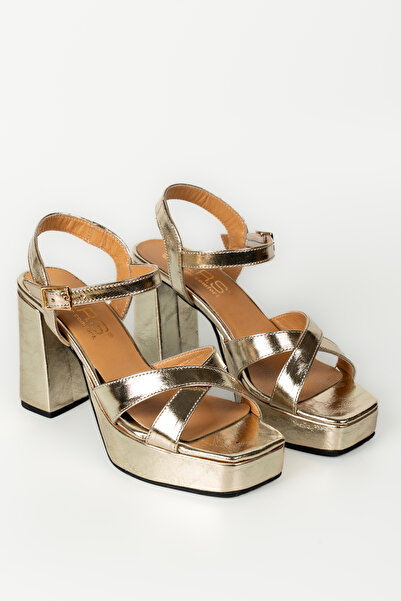 ERS Air Comfort Altın Hakiki Deri Düz Kare Burunlu Şık Platform Sandalet