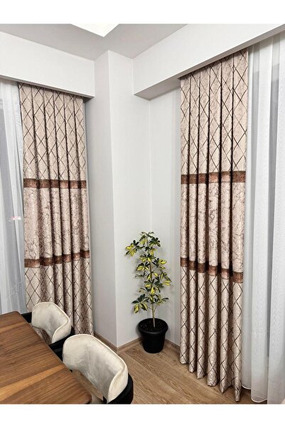 Perde Pendik Fon Perde Vera Desen Bej Kahverengi Ultra Dökümlü Kumaş Sık Pile...