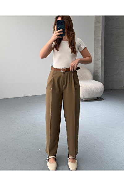 FERZOLAİO Belt Pack High Waist Khaki Fabric Trousers
