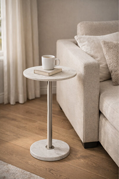 MARIA HOMES Round Marble Side Table with Silver Metal Base 35×35×56 cm Modern...