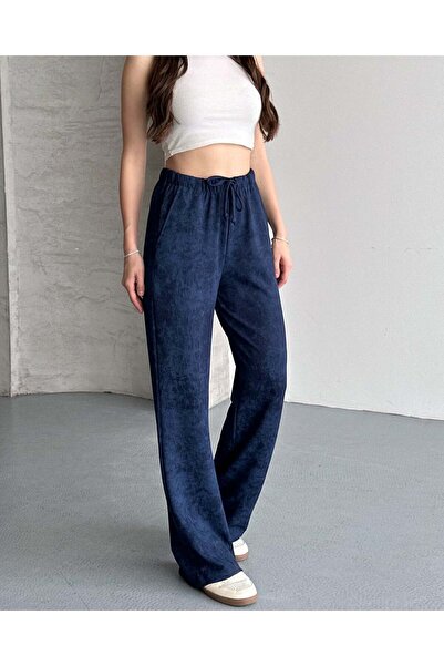 FERZOLAİO Vintage Wide-Leg Navy Blue Trousers