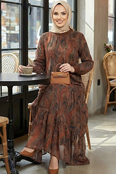 Relaxed Fit Rahat Kalıp Yuvarlak Bisiklet Yaka Uzun Kollu İçi Astarlı Günlük Şal Desen Şifon Elbise