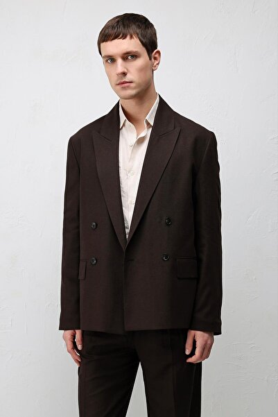 Antioch Koyu Kahve Relax Fit Keten Karışımlı Erkek Blazer Ceket