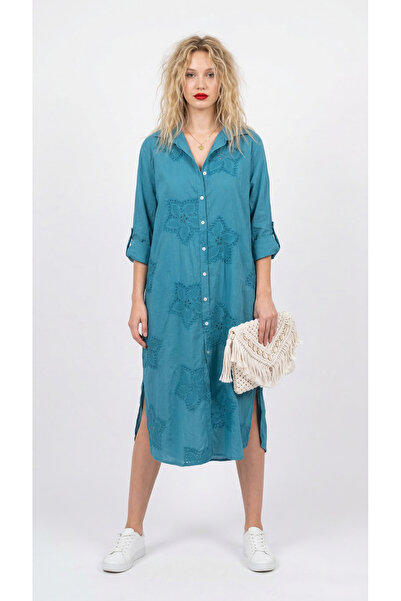 Matcha Butik فستان قميص إيطالي للسيدات كتان مطرّز لي