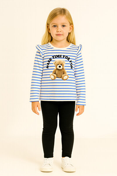 Motebarn Wear Fete cu dungi imprimeu cu ursuleț Mânecă lungă tricou – Volane ...