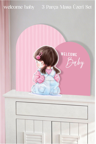neşeli günlerim Pembe Çizgili Welcome Baby Kız Bebek 3 Parça Masa Üzeri Ayakl...