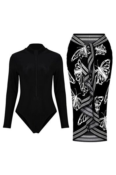 CUPSEA Costum de baie negru cu mânecă lungă și fermoar material elastic cu mo...