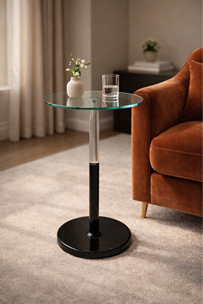 MARIA HOMES Round Glass Side Table with Black Base 35×35×56 cm Modern Accent ...