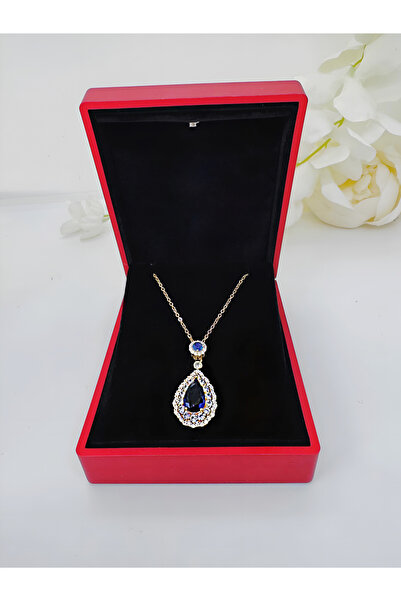 GRACEbyDilek Gümüş Altın Kaplama Safir Mavi Damla Taşlı Kolye Işıklı Kutu Dahil