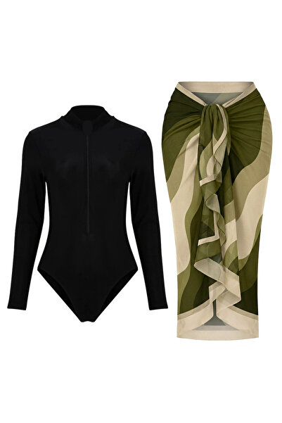 CUPSEA Costum de baie negru cu mânecă lungă cu fermoar din Lycra, model Wave ...