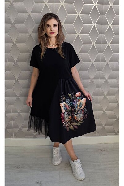 styleFlex Rochie damă din bumbac elastic, cu imprimeu 3D și terminație din tulle