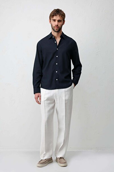 Antioch Lacivert Keten Karışımlı Relax Fit Erkek Gömlek