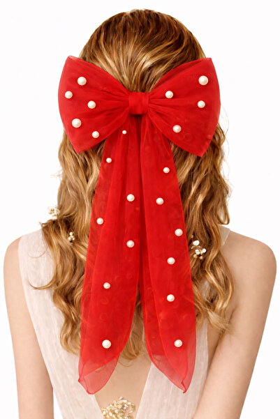 SUNEH Κόκκινη φουρκέτα με πέρλες και περιποιημένη επεξεργασία