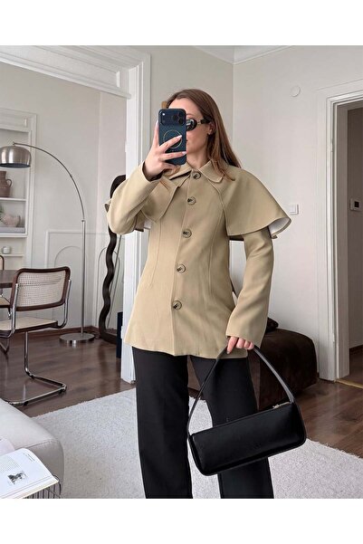 FERZOLAİO Khaki Jacket Dress with Cape Detail