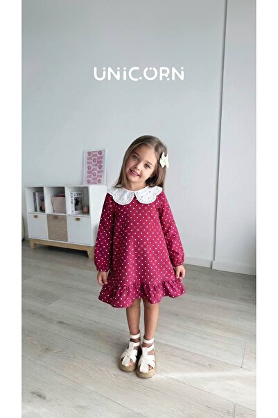 UNICORN KIZ ÇOCUK PUANTİYELİ FİSTO YAKALI ELBİSE