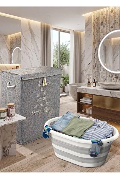 Buclee Keçe Kapaklı Kirli Çamaşır Sepeti 65 Litre & 25 Litre Katlanabilir Sil...