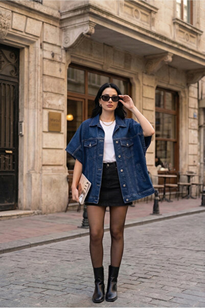 Vovikon Navy Blue Bat Sleeve Oversized Denim Vest