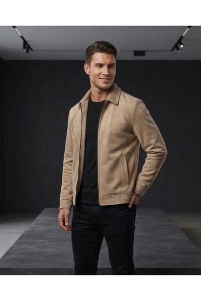 SAVARA Mevsimlik Açık bej likralı esnek süet mont. Regular fit kalıp