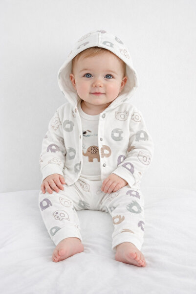 İZYALİF BABY Baby Boy Cardigan Elephant Patterned 3-Piece Set Top and Bottom ...