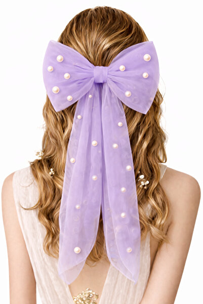 SUNEH Κλιπ μαλλιών με λιλά φιόγκο και λεπτομέρεια από πέρλες