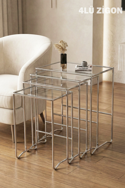 FAYMEND ENZA 4 lü Zigon Sehpa 'Krom Kaplama' Metal Sehpa - Cam Sehpa 'GÜMÜŞ Ş...