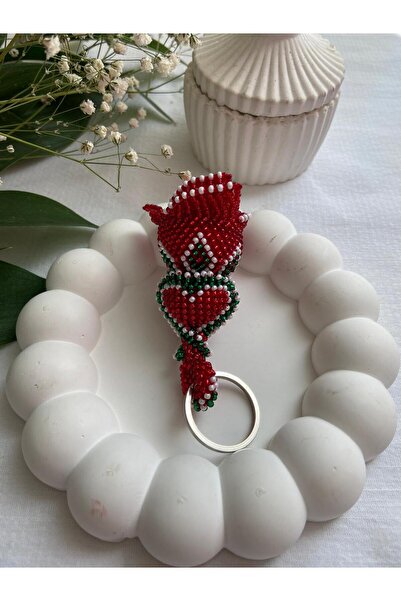 Handmade KUM BONCUK EL İŞİ KALPLİ KIRMIZI GÜL ANAHTARLIK