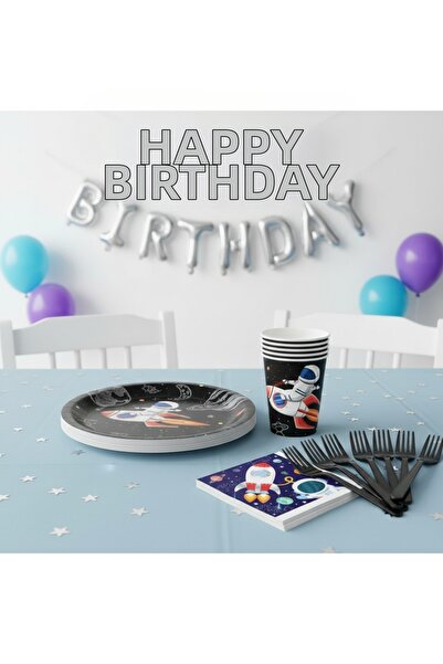 Umamiçe Uzay Party Set – 25-Piece Black Forks + 8-Piece Napkins + 8-Piece Pla...