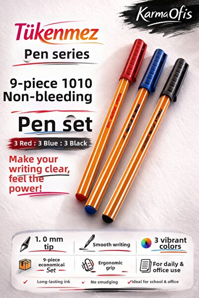 KarmaOfis 1010 Ballpoint Pen Set 1.0 mm |   Blue Red Black |   Long-Lasting O...