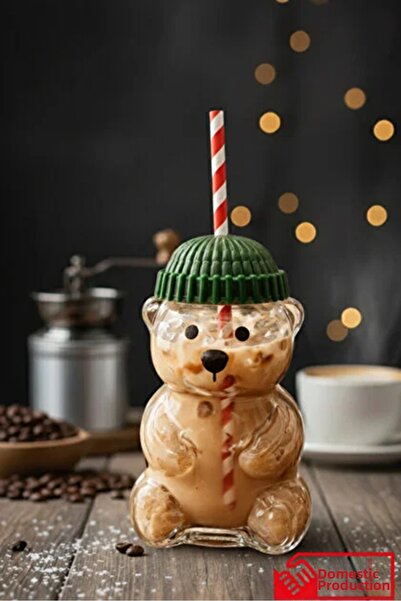 CİHO Premium Glass Barista Cold Drink Cup with Straw a Teddy Bear Print Cup 5...
