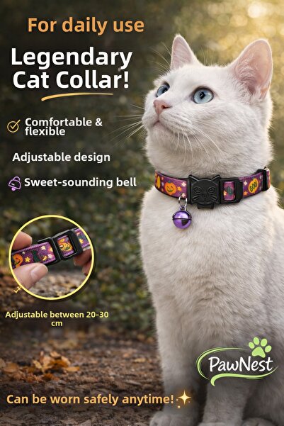 PAWNEST طوق القطط باللون الأرجواني منقوش - قفل أمان بإبزيم، مع جرس، قماش ناعم...