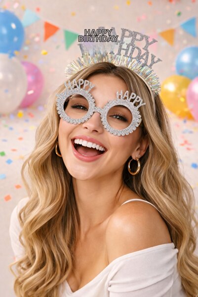 PARTİPORT Happy Birthday Party Set Crown and Non-Glass Party Glasses Birthday...