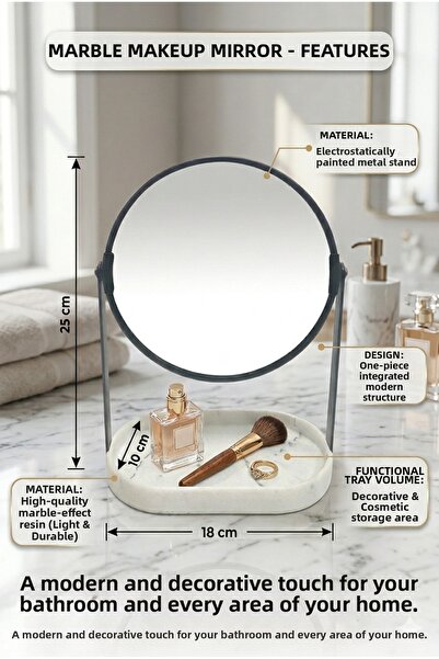The Mia مرآة مكياج رخامية مع قاعدة بوليستر مقاس 18x10x25 سم