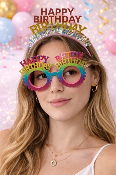 PARTİPORT Happy Birthday Party Set Crown and Non-Glass Party Glasses Birthday...