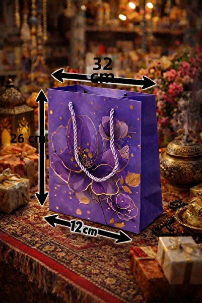 BİLGİ K K كرتون فاخر حقيبة برباط بنفسجي GÜL D منقوش هدية حقيبة مقاس كبير 26x3...