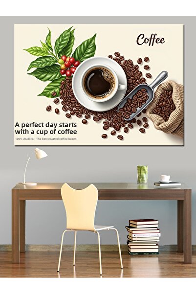 Artmeg Pânză decorativă cu boabe de cafea și ceașcă - Tablou din lemn MDF