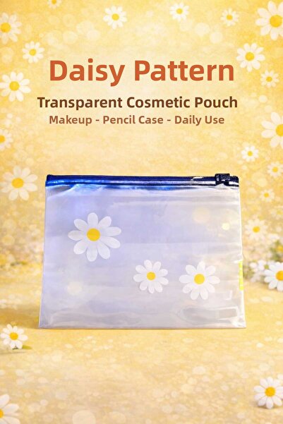 Pawnest Handmade 3-Piece Daisy Patterned Zippered Transparent Cosmetic & Pen ...